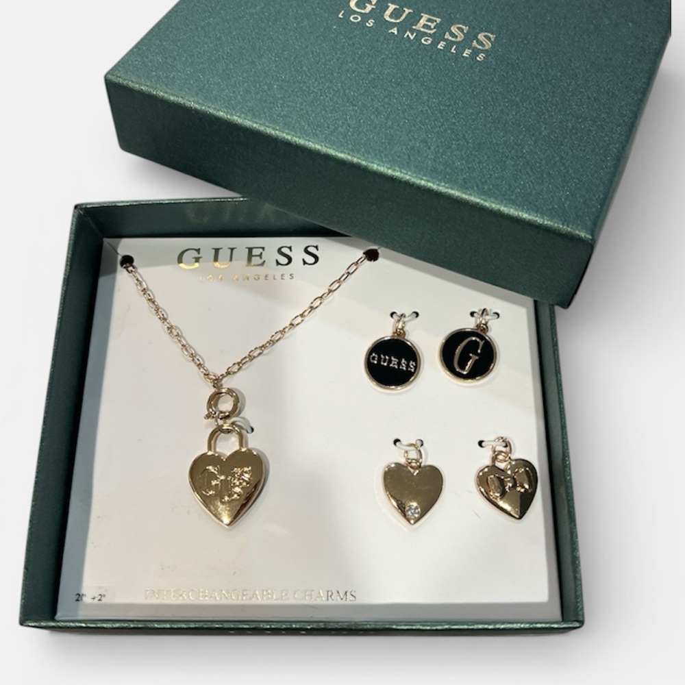 Guess Necklace and Charm Set with 5 charm options and gold tone 20” + 2” chain